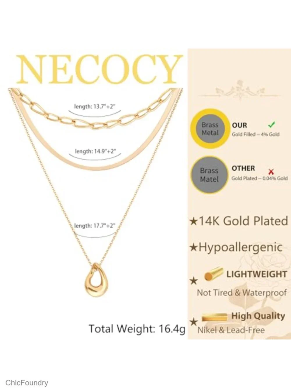 14k Gold Plated Layered Necklace Set with Paperclip Herringbone and Twisted